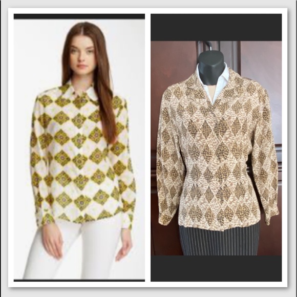 Petite Sophisticate 100% SILK Brown Geo Blouse 4 - Picture 1 of 16